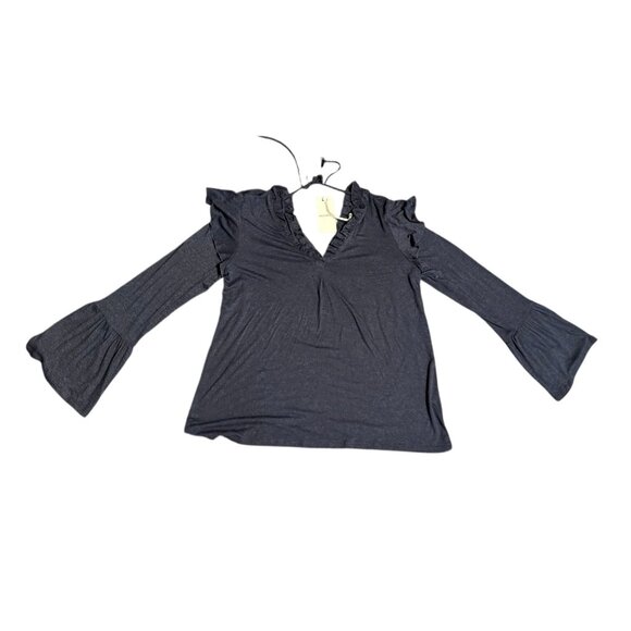 Pleione Ruffled V‎ Neck Bell Sleeve Tie Back Top Womens Large Navy Blue - Picture 8 of 8